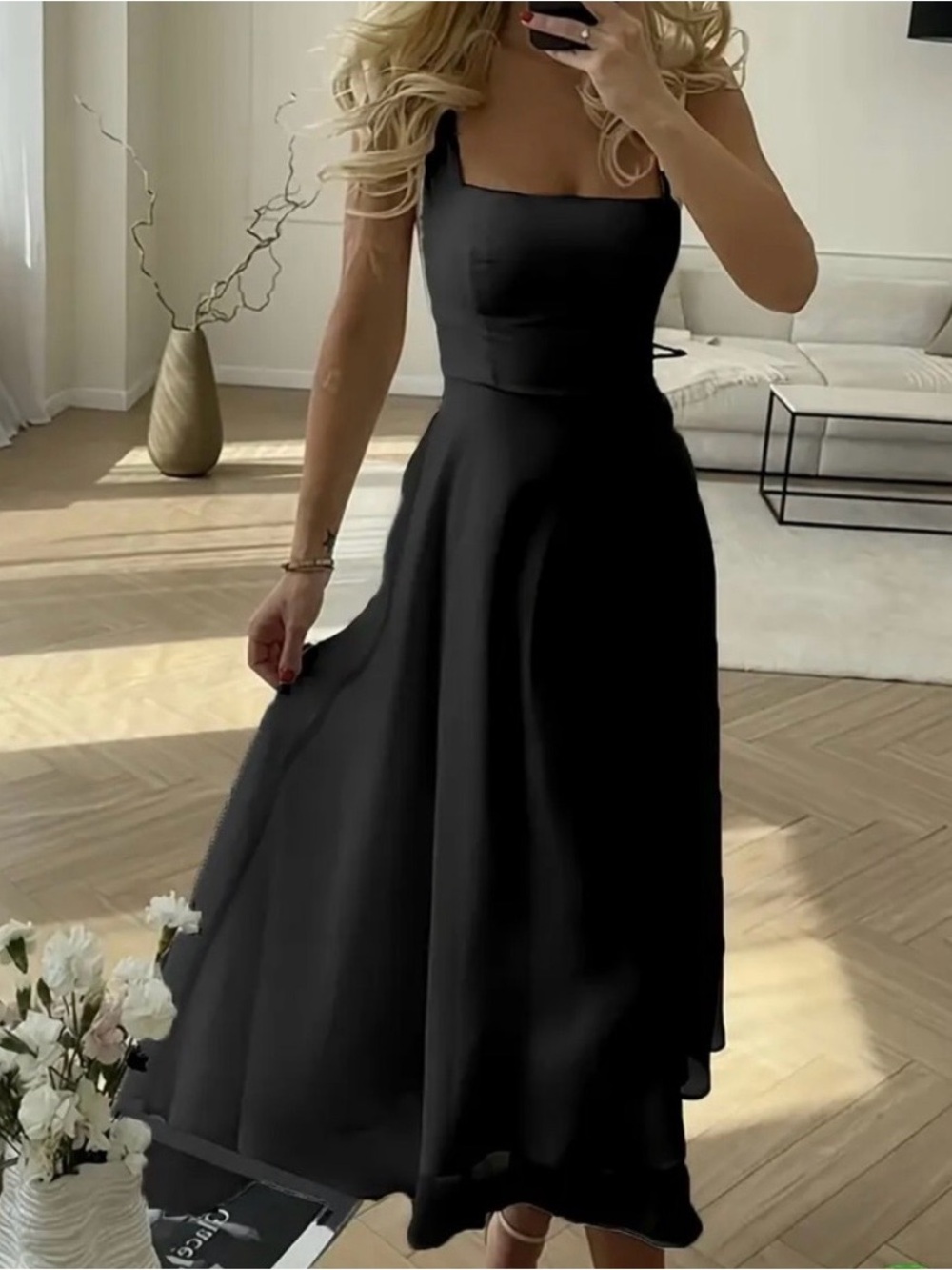 Commense Black Square-Neck Midi Dress